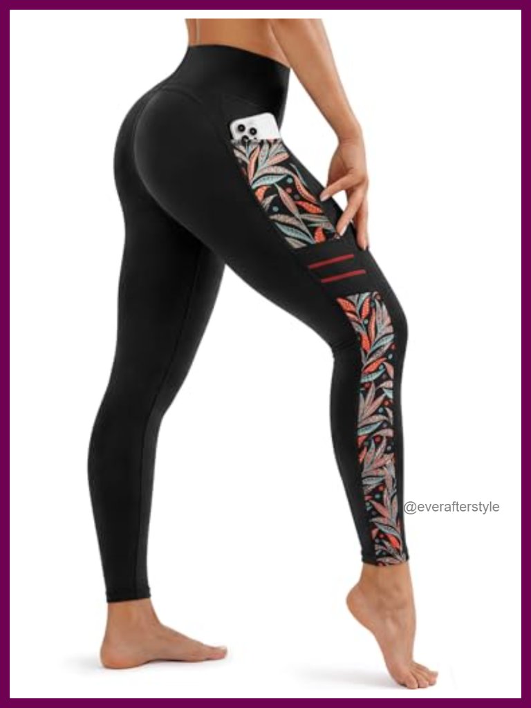 High Waisted Leggings With Pockets - Tummy Control Yoga Pants, Printed Workout